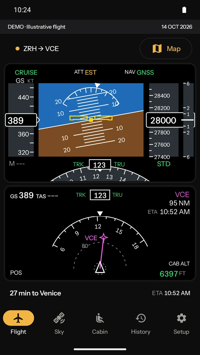 Cockpit: a pilot panel drawn from the phone's own sensors