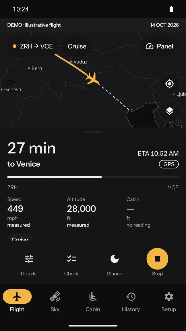 Flight map: the plane on the map, 27 minutes to go, 390 kt, FL280, over the Alps
