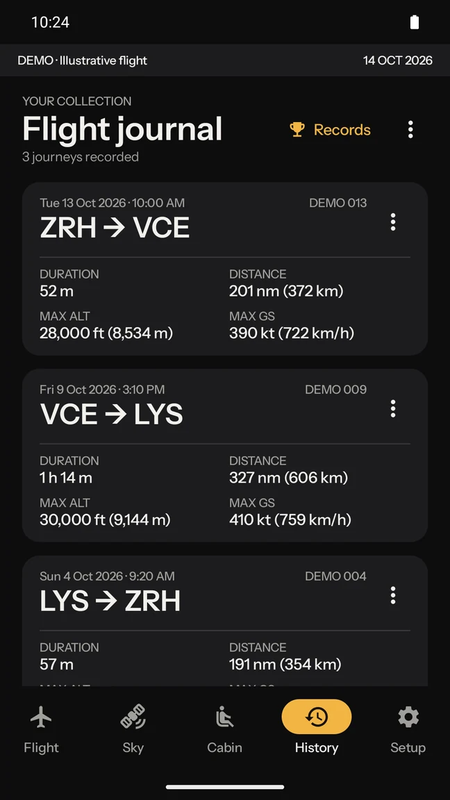 History screen: flight journal with three recorded flights